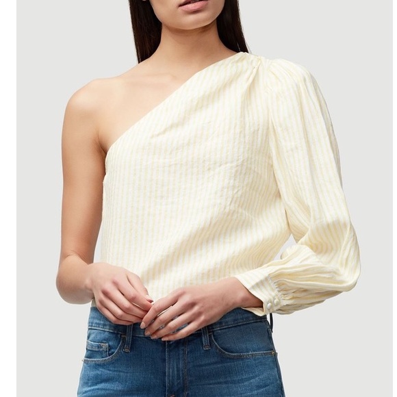 Frame one shoulder puff sleeve linen striped top - Picture 2 of 11